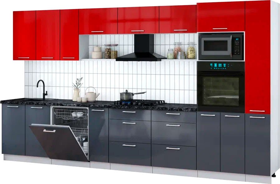 

Готовая кухня Интерлиния Мила Gloss 3.8-ПМ1 (асфальт глянец/красный глянец/кастилло темный)