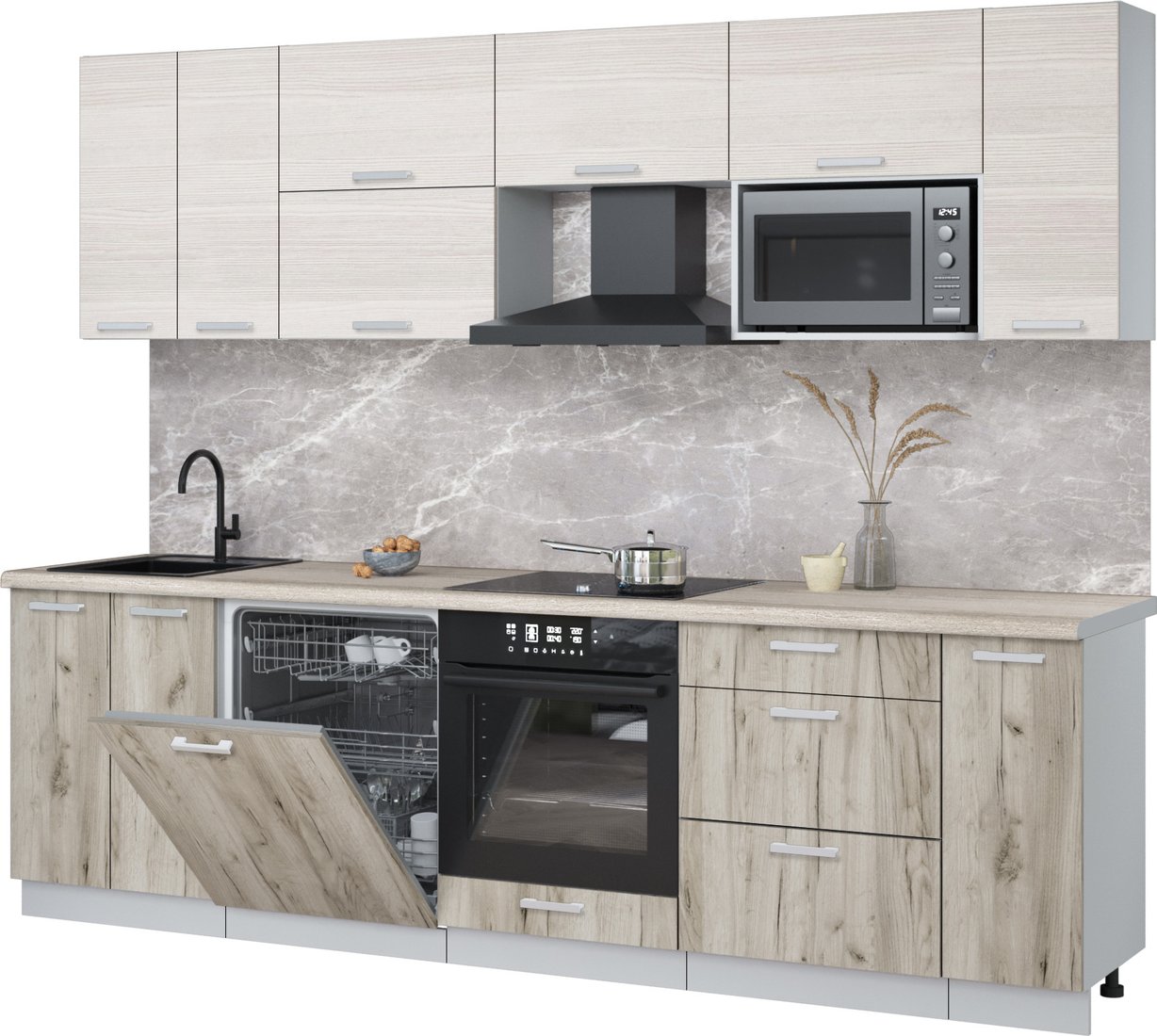 

Готовая кухня Интерлиния Мила Лайт 2.7-ПМ2 (вудлайн кремовый/дуб серый/травертин серый)