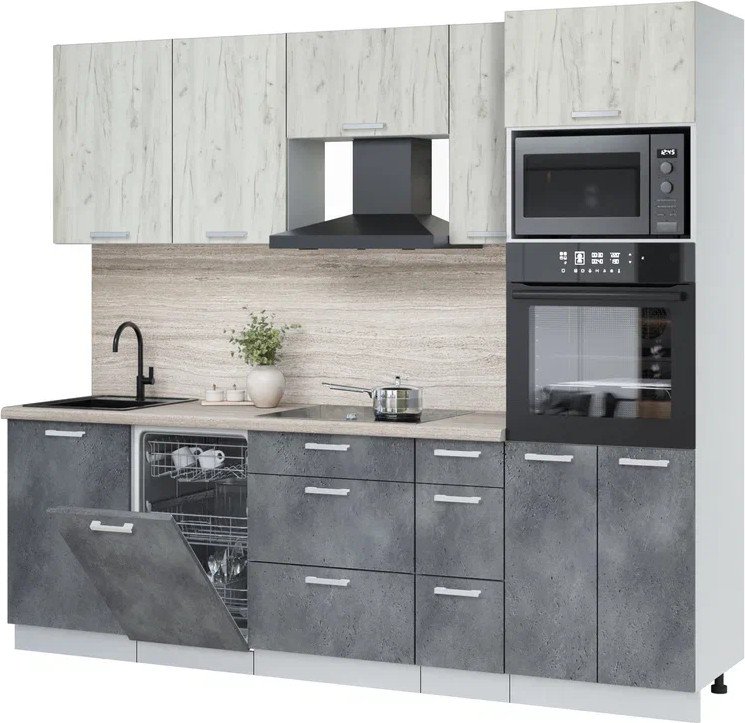 

Готовая кухня Интерлиния Мила Лайт 2.45-ПМ3 (дуб белый/бетон портленд/травертни)