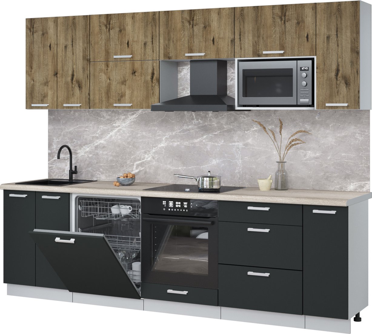 

Готовая кухня Интерлиния Мила Лайт 2.7-ПМ2 (дуб веллингтон/антрацит/травертин серый)