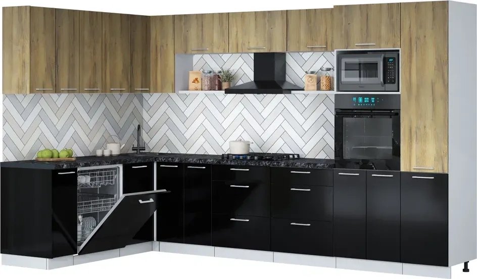 

Готовая кухня Интерлиния Мила Gloss 1.896х3.38 (черный глянец/дуб вотан/кастилло темный)