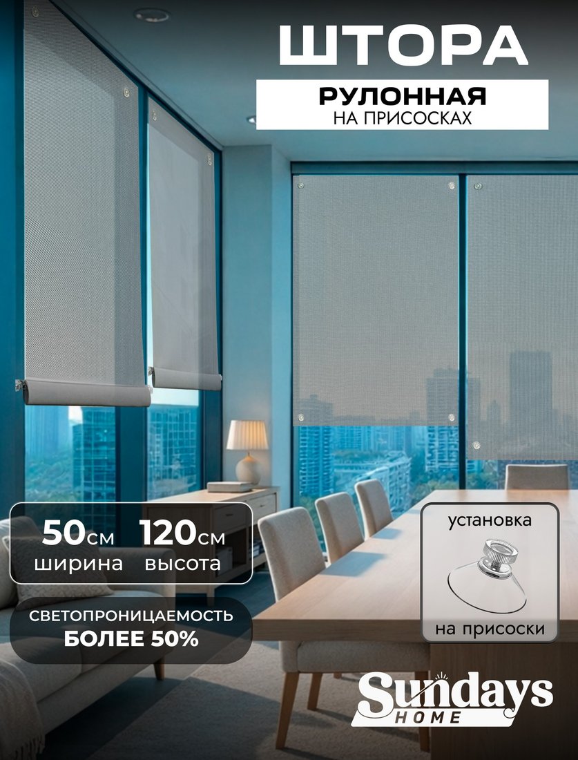 

Рулонные шторы Sundays Home Санскрин 310-03 50х120 (серый, на присосках)