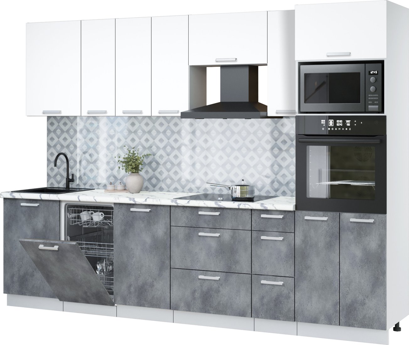 

Готовая кухня Интерлиния Мила Лайт 2.9-ПМ3 (белый платинум/бетон портленд/белый гранит)