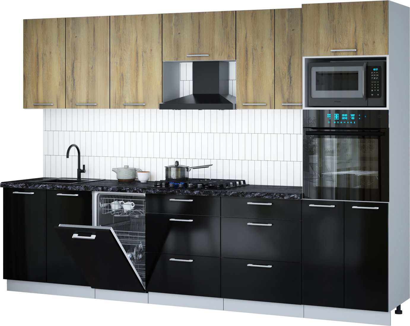 

Готовая кухня Интерлиния Мила Gloss 3.05-ПМ3 (черный глянец/дуб вотан/кастилло темный)