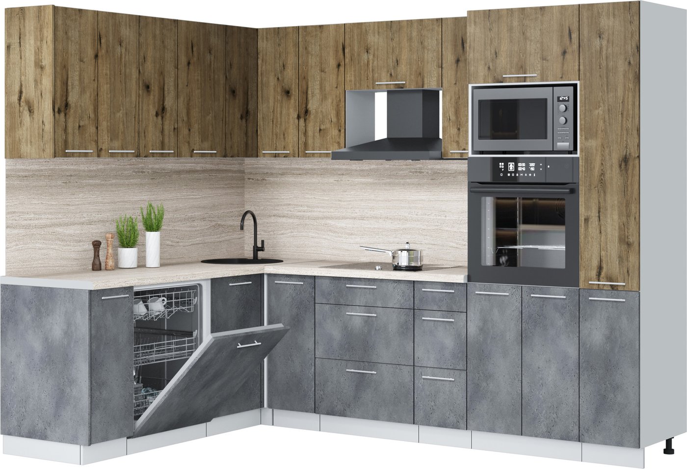 

Готовая кухня Интерлиния Мила Лайт 1.896х2.68 (дуб веллингтон/бетон портленд/травертин серый)