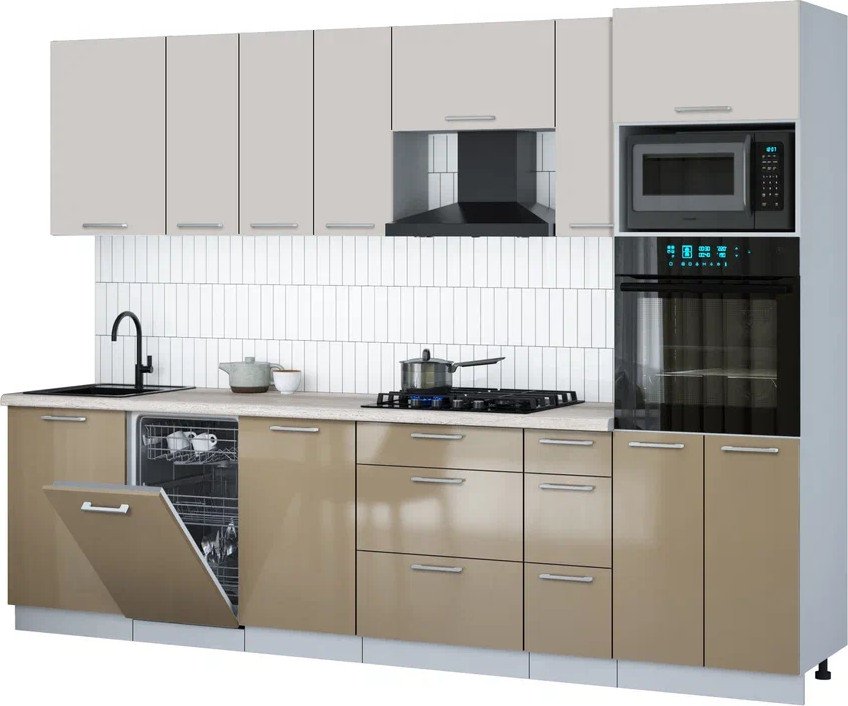 

Готовая кухня Интерлиния Мила Gloss 2.9-ПМ3 (капучино глянец/кашемир/травертин серый)