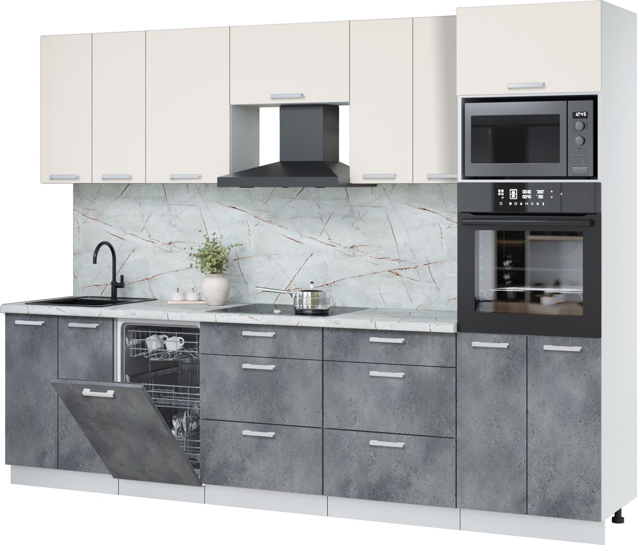 

Готовая кухня Интерлиния Мила Лайт 2.85-ПМ3 (персидский жемчуг/бетон портленд/серый каспий)