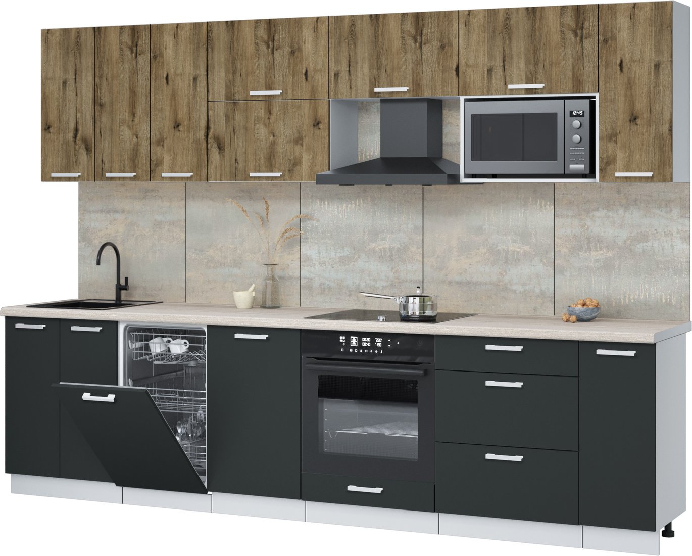 

Готовая кухня Интерлиния Мила Лайт 3.0-ПМ4 (дуб веллингтон/антрацит/травертин серый)