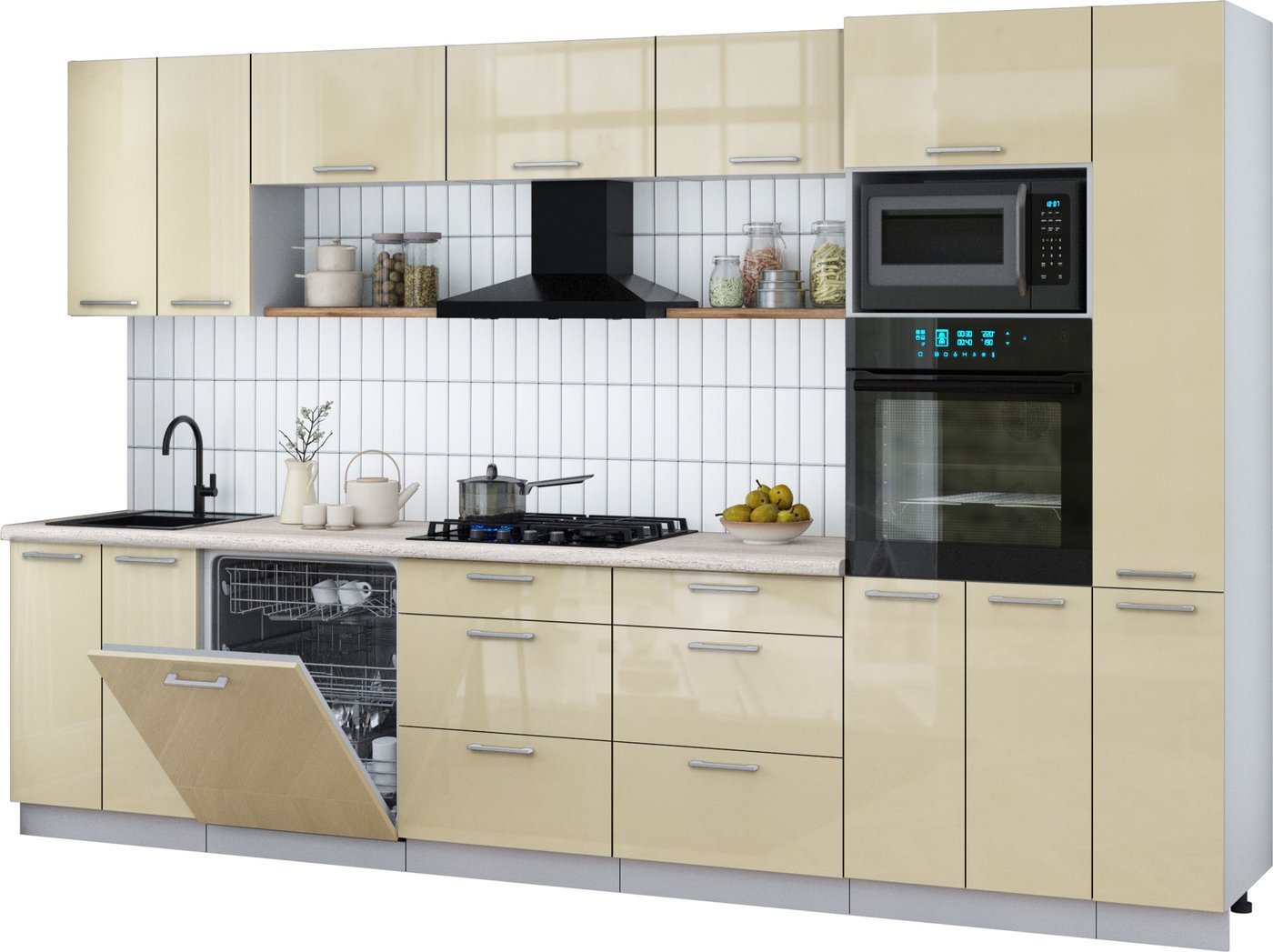 

Готовая кухня Интерлиния Мила Gloss 3.3-ПМ1 (ваниль глянец/ваниль глянец/травертин серый)