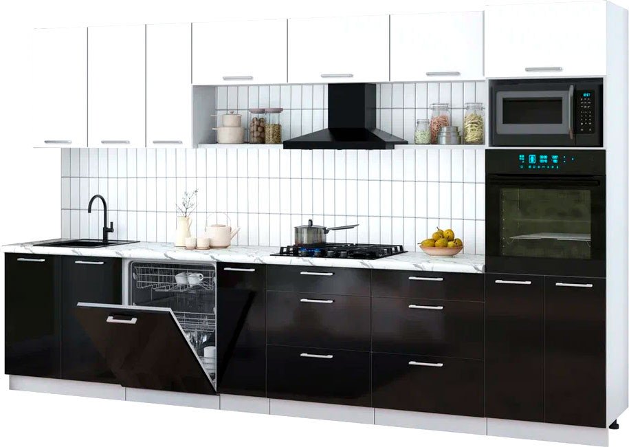 

Готовая кухня Интерлиния Мила Gloss 3.5-ПМ1-2 (черный глянец/белый/белый гранит)