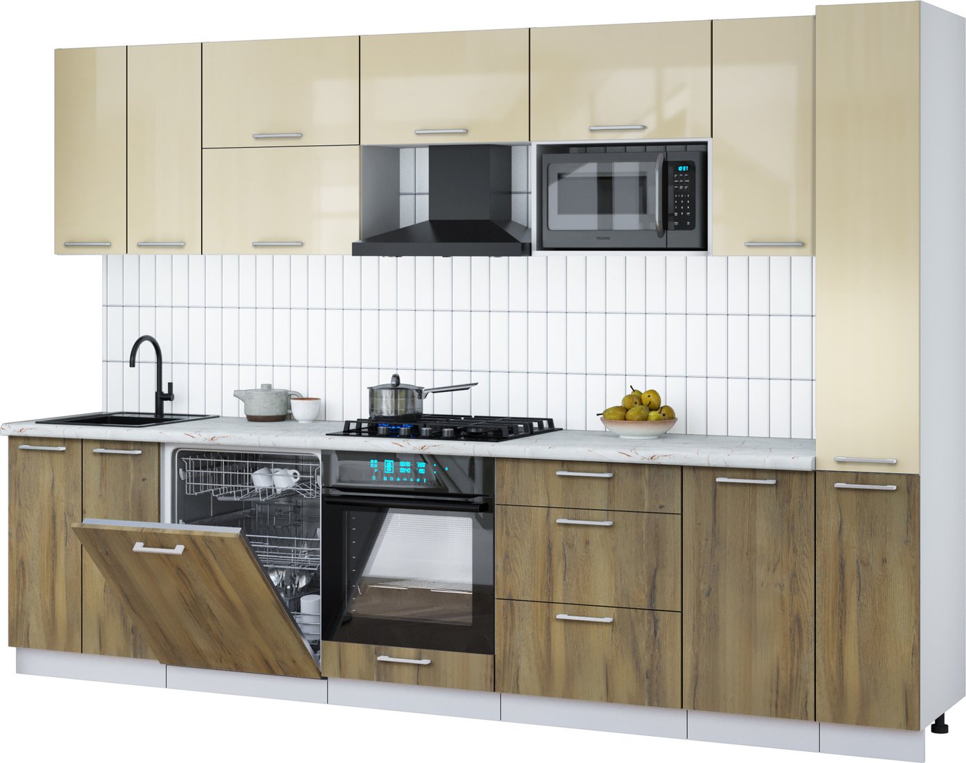 

Готовая кухня Интерлиния Мила Gloss 3.1-ПМ2 (дуб вотан/ваниль глянец/серый каспий)