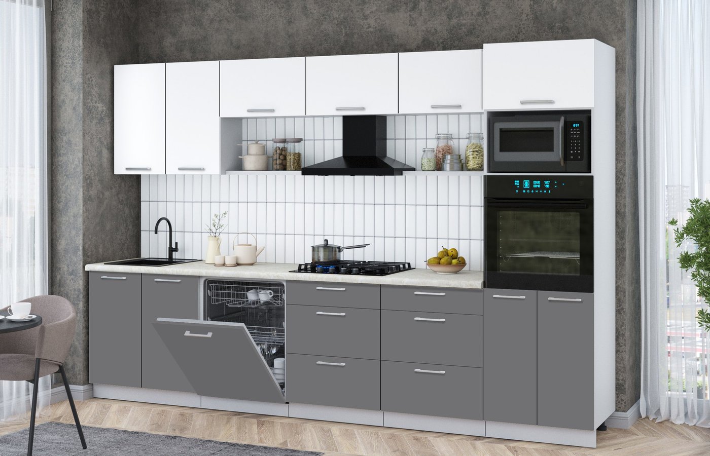 

Готовая кухня Интерлиния Мила Gloss 3.2-ПМ1 (серый/белый/опал светлый)