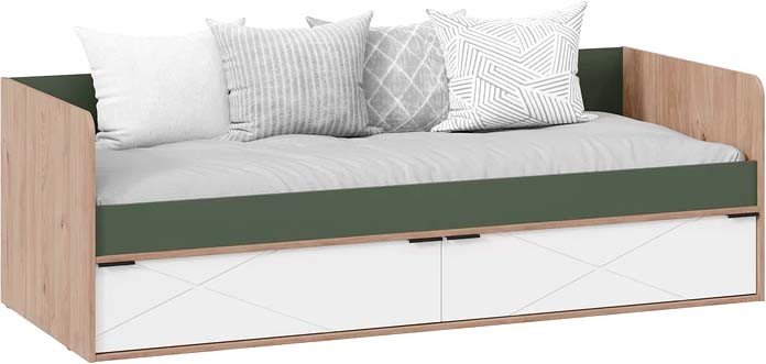 Кровать-тахта Трия Лео с ящиками 85x200 (гикори джексон/белый матовый/дымчатый зеленый)