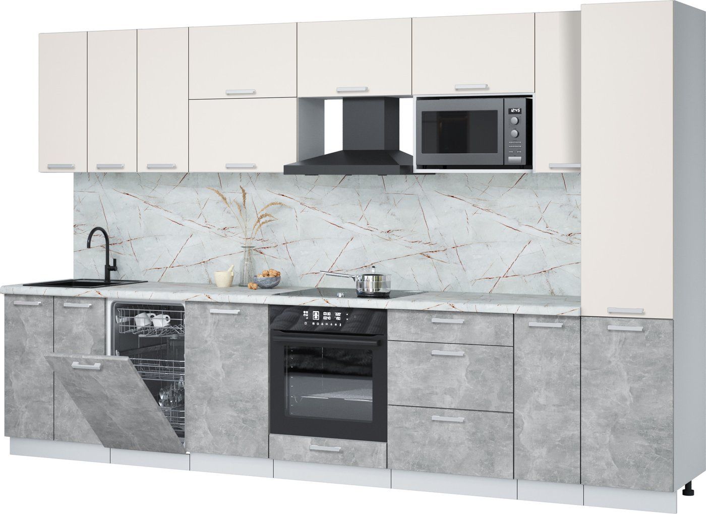 

Готовая кухня Интерлиния Мила Лайт 3.4-ПМ4 (персидский жемчуг/бетон/серый каспий)