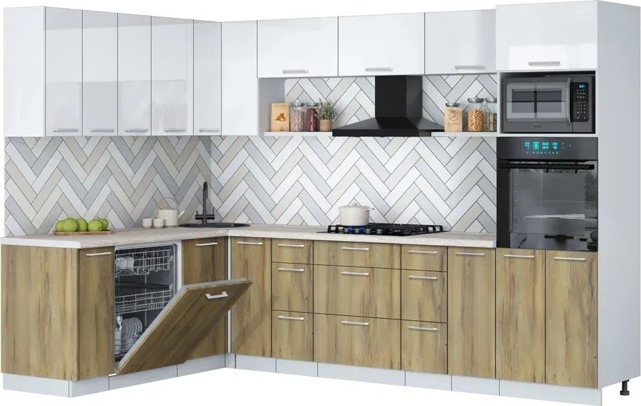 

Готовая кухня Интерлиния Мила Gloss 1.896х2.98-2 (дуб вотан/белый глянец/травертин серый)