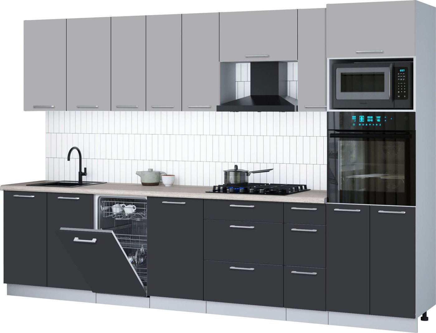 

Готовая кухня Интерлиния Мила Gloss 3.2-ПМ3 (пепел/грей/травертин серый)