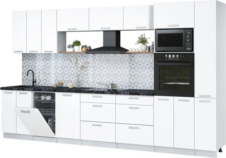 

Готовая кухня Интерлиния Мила Лайт 3.6-ПМ3 (белый платинум/белый платинум/кастилло темный)