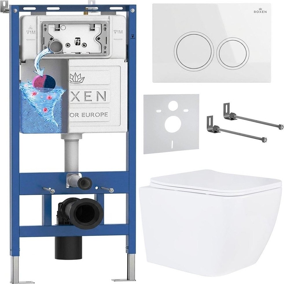 Унитаз подвесной Roxen Cube One Rimless 6 в 1 StounFix Dual Fresh 503394 (кнопка: белый глянец)