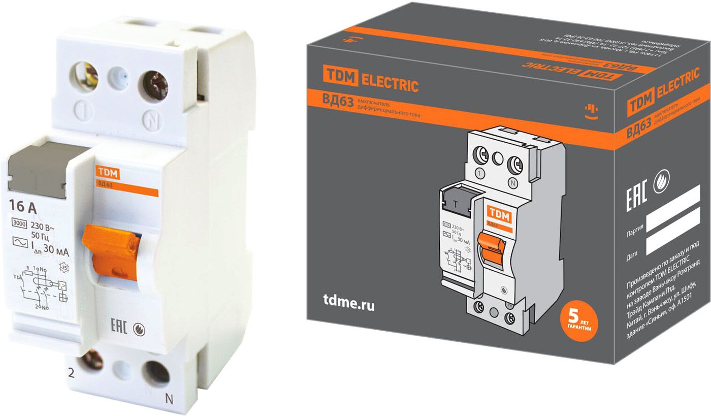 

Устройство защитного отключения TDM Electric ВД63-2P-16А-30мА SQ0220-0001