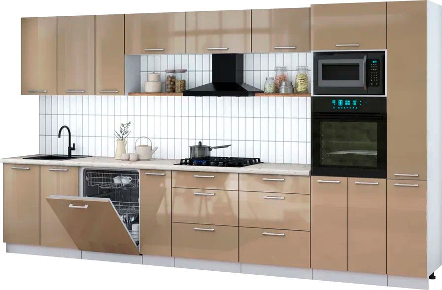 

Готовая кухня Интерлиния Мила Gloss 3.8-ПМ1 (капучино глянец/капучино глянец/бискайская сосна)