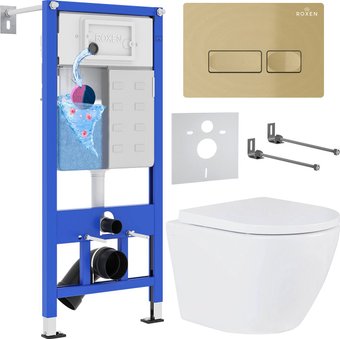 Унитаз подвесной Roxen Antares в комплекте с инсталляцией StounFix Dual Fresh 6 в 1 968050 (кнопка: брашированное золото)