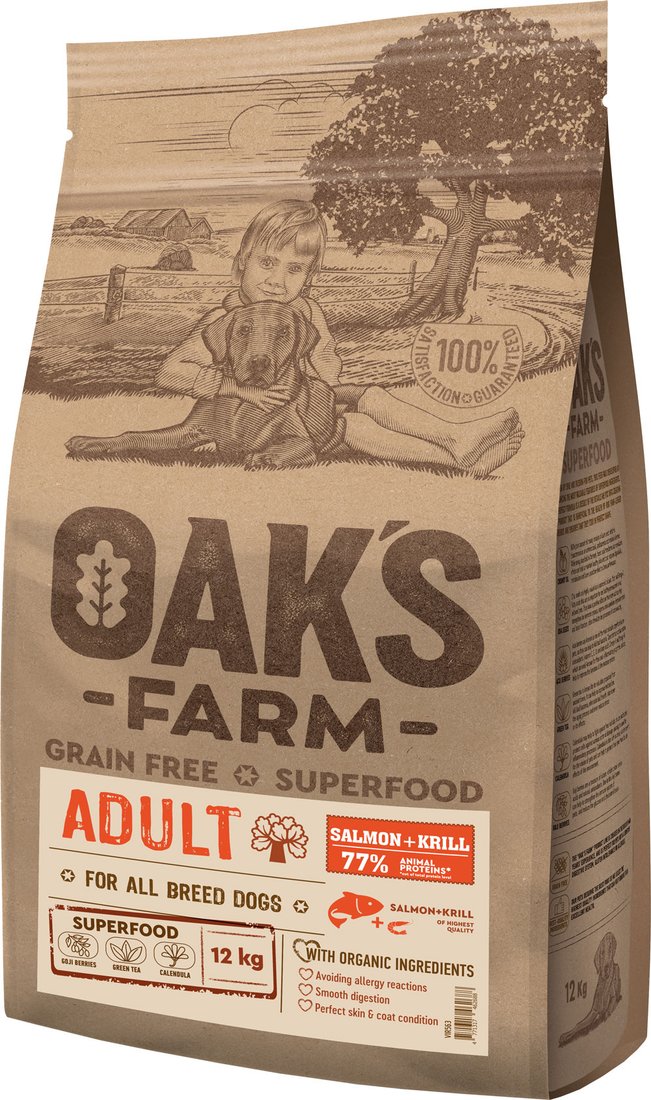 

Сухой корм для собак Oak's Farm Беззерновой для взрослых собак всех пород. Лосось и криль 12 кг