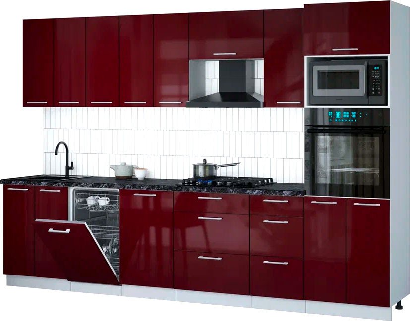 

Готовая кухня Интерлиния Мила Gloss 3.1-ПМ3 (бордовый глянец/бордовый глянец/кастилло темный)