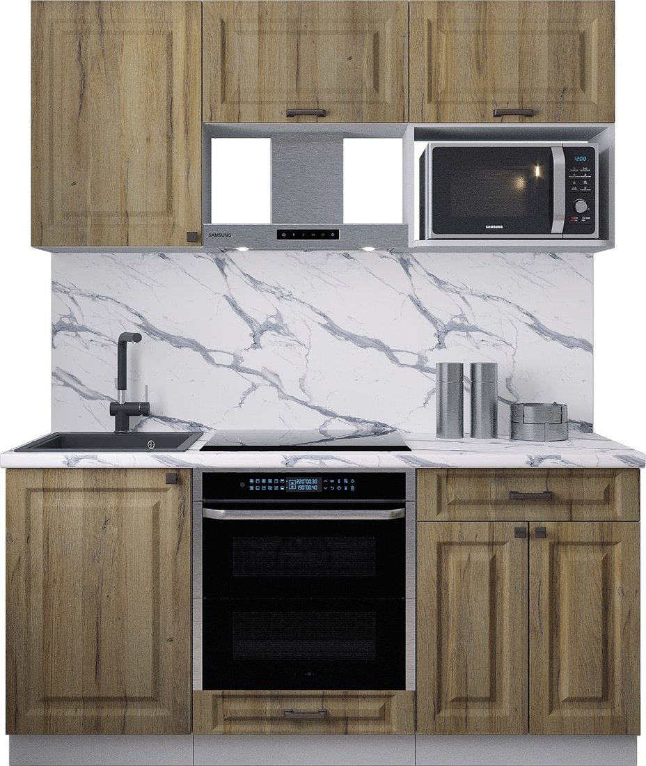 

Готовая кухня Интерлиния Мила Деко 1.7 (дуб вотан/дуб вотан/белый гранит)