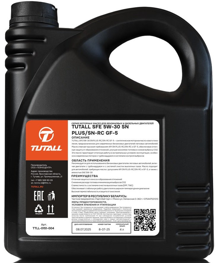 

Моторное масло Tutall SFE 5W-30 SN/CF PLUS-RC/SN-RC GF-5 4л