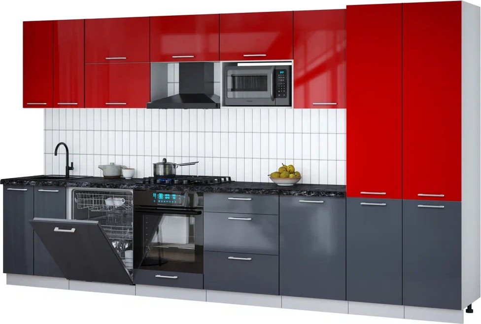 

Готовая кухня Интерлиния Мила Gloss 3.7-ПМ2 (асфальт глянец/красный глянец/кастилло темный)