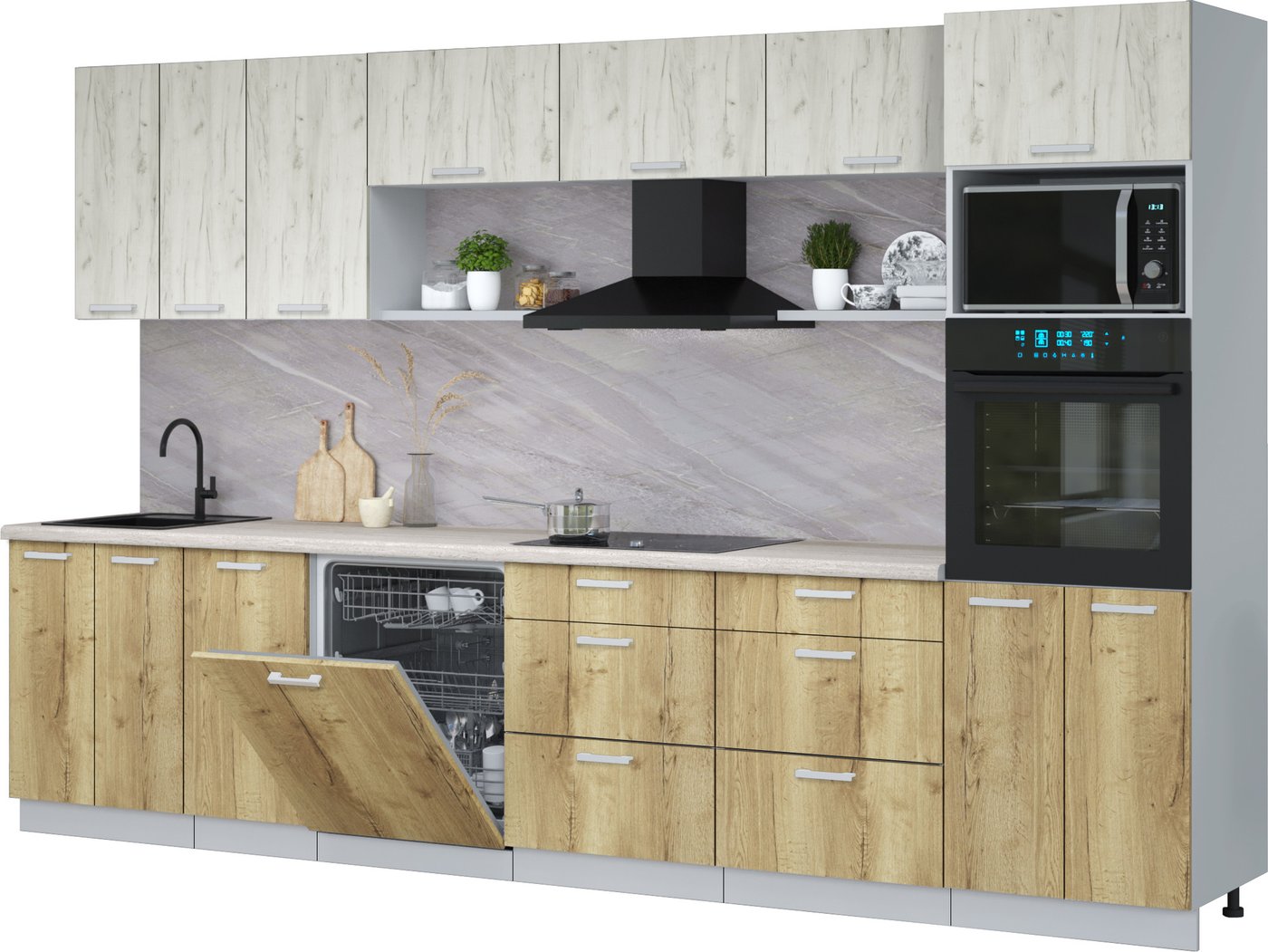 

Готовая кухня Интерлиния Мила Лайт 3.4-ПМ1-2 (дуб белый/дуб золотой/травертин серый)