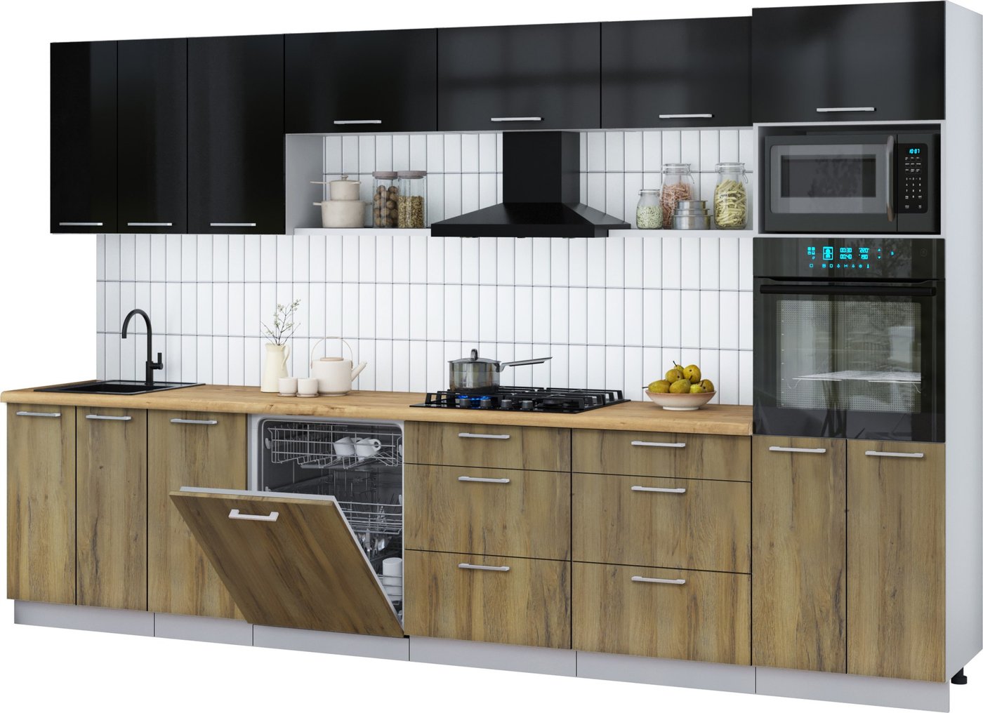 

Готовая кухня Интерлиния Мила Gloss 3.4-ПМ1-2 (дуб вотан/черный глянец/дуб бунратти)