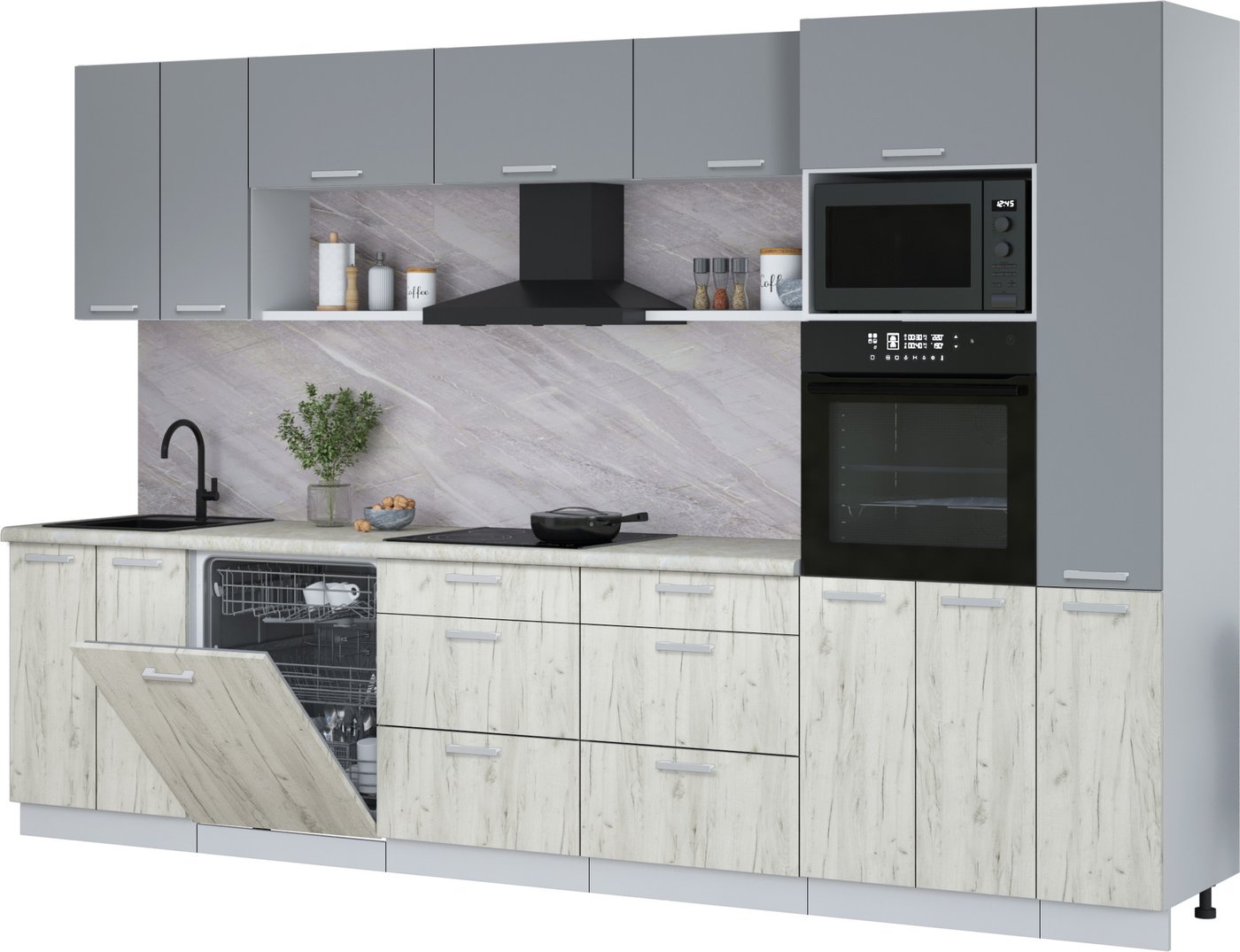 

Готовая кухня Интерлиния Мила Лайт 3.3-ПМ1 (серебро/дуб белый/опал светлый)