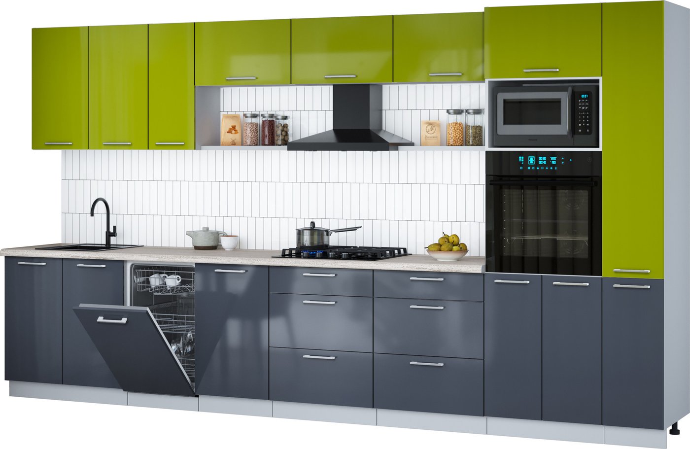 

Готовая кухня Интерлиния Мила Gloss 3.8-ПМ3 (асфальт глянец/яблоко глянец/травертин серый)