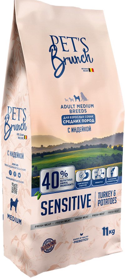 

Сухой корм для собак Pet's Brunch Sensitive для взрослых средних пород с индейкой 11 кг