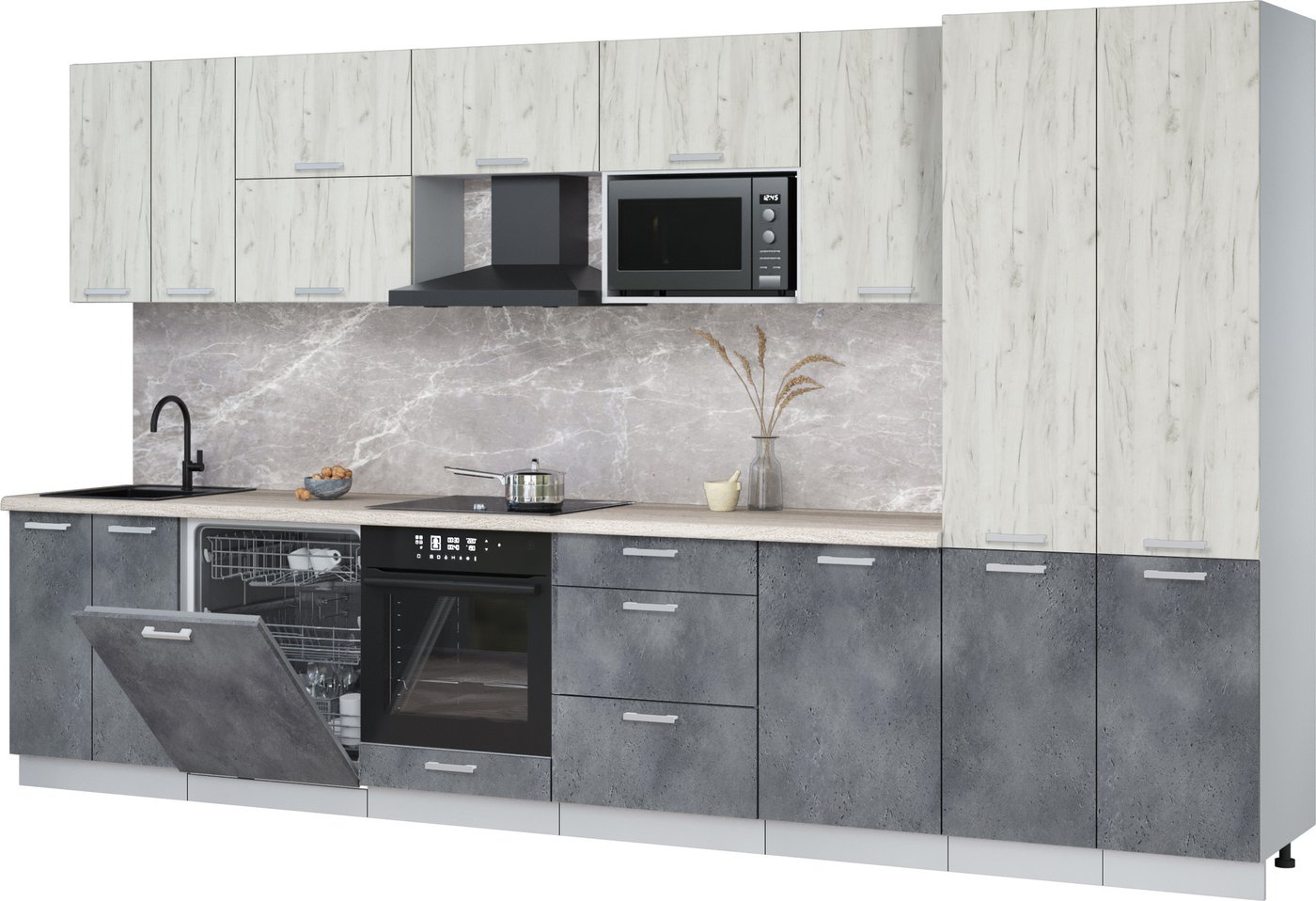 

Готовая кухня Интерлиния Мила Лайт 3.7-ПМ2 (дуб белый/бетон портленд/травертин серый)