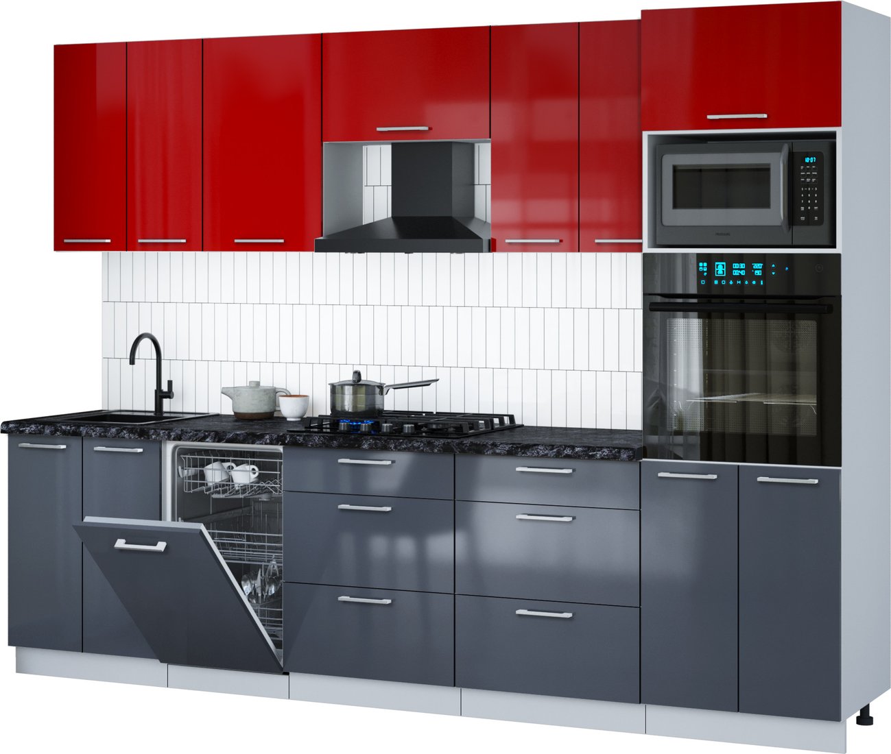 

Готовая кухня Интерлиния Мила Gloss 2.85-ПМ3 (асфальт глянец/красный глянец/кастилло темный)