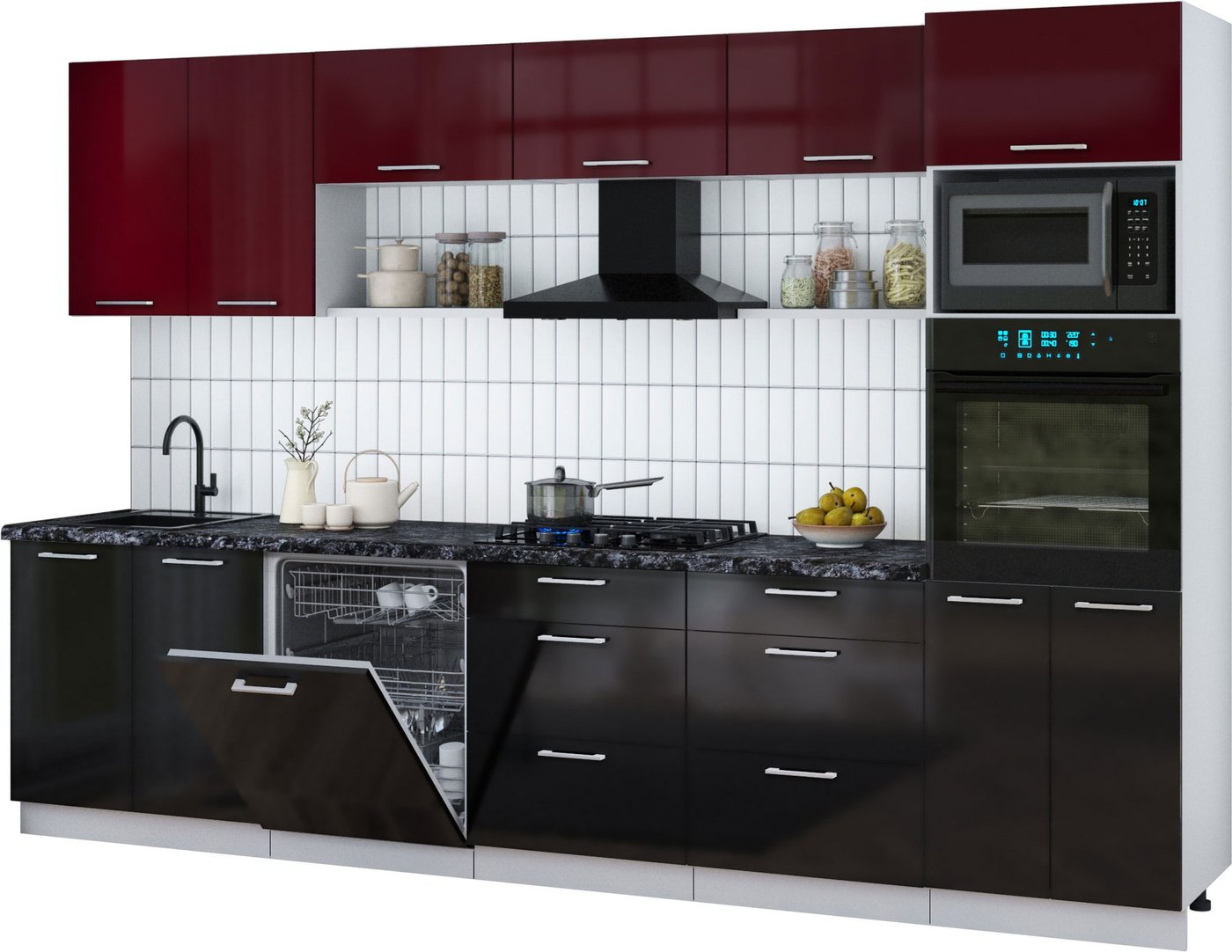 

Готовая кухня Интерлиния Мила Gloss 3.2-ПМ1 (черный глянец/бордовый глянец/кастилло темный)