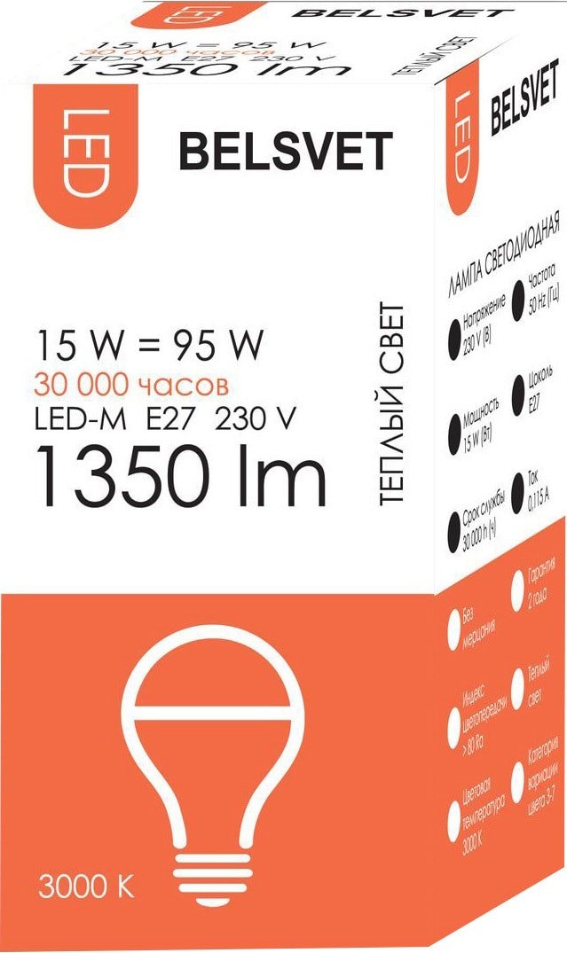 

Светодиодная лампочка Belsvet LED-M A65 E27 15 Вт 3000 К