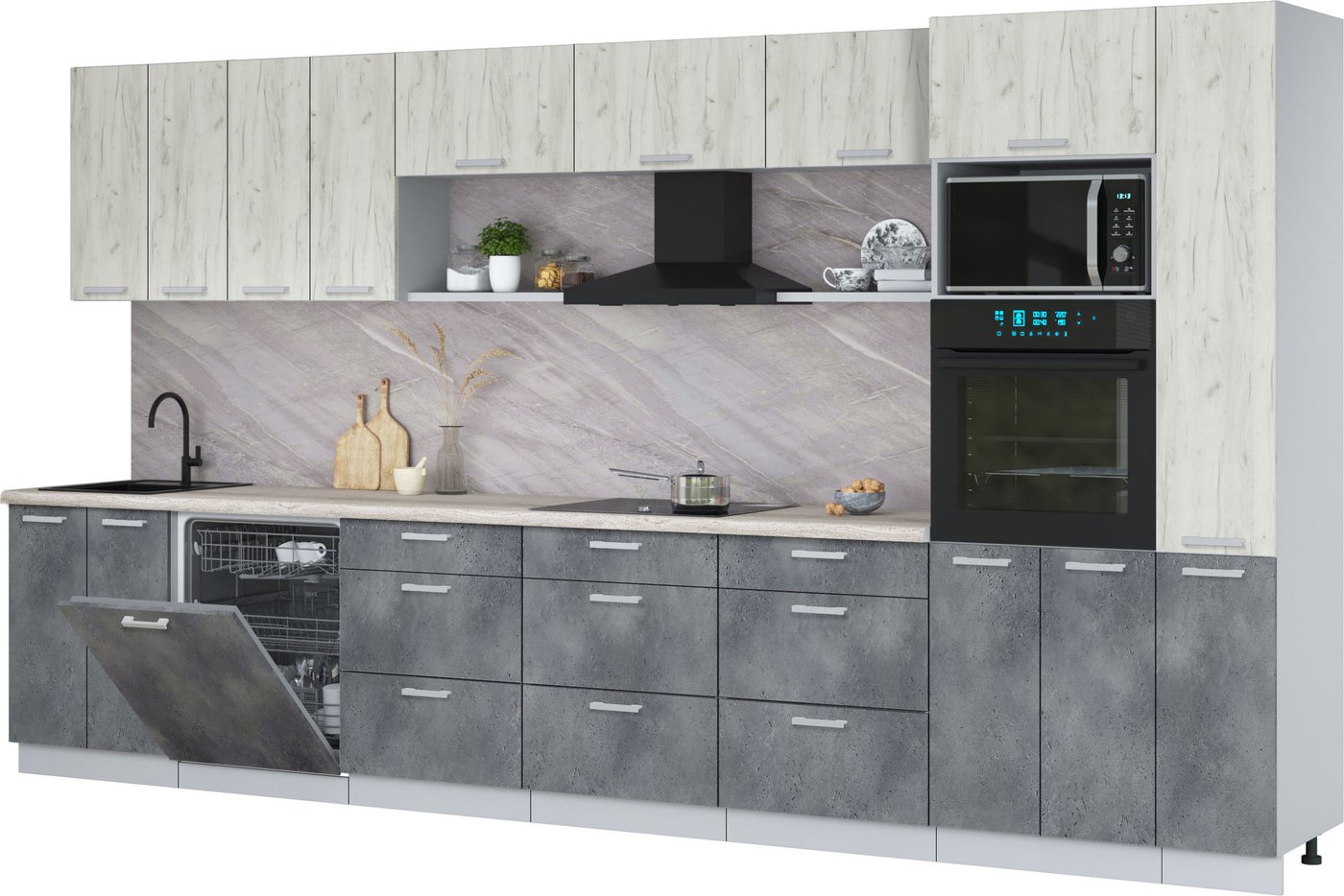 

Готовая кухня Интерлиния Мила Лайт 3.9-ПМ1 (дуб белый/бетон портленд/травертин)