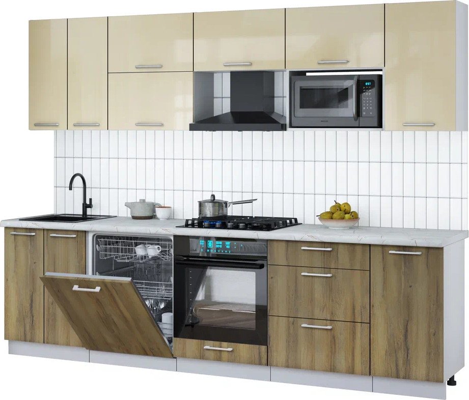 

Готовая кухня Интерлиния Мила Gloss 2.8-ПМ2 (дуб вотан/ваниль глянец/серый каспий)