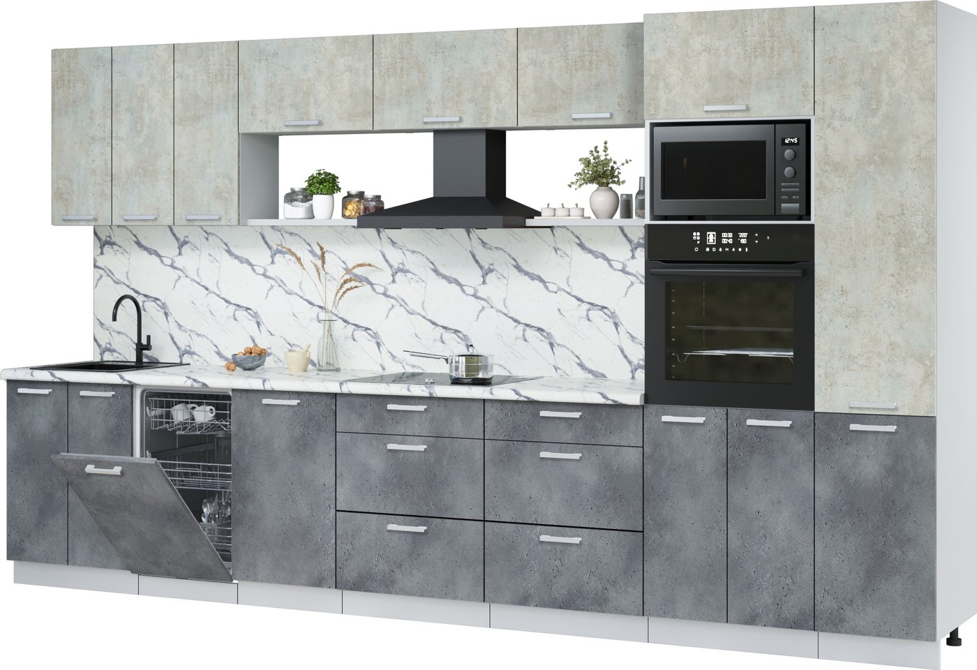 

Готовая кухня Интерлиния Мила Лайт 3.7-ПМ3 (бетон лайт/бетон портленд/белый гранит)