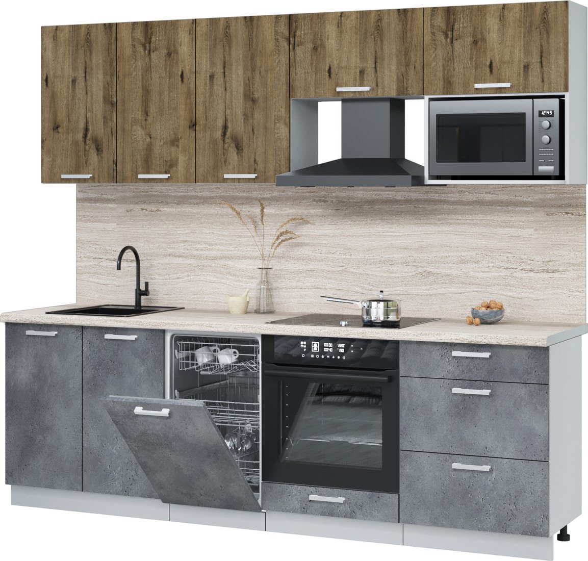 

Готовая кухня Интерлиния Мила Лайт 2.45-ПМ4 (дуб веллингтон/бетон портленд/травертин серый)