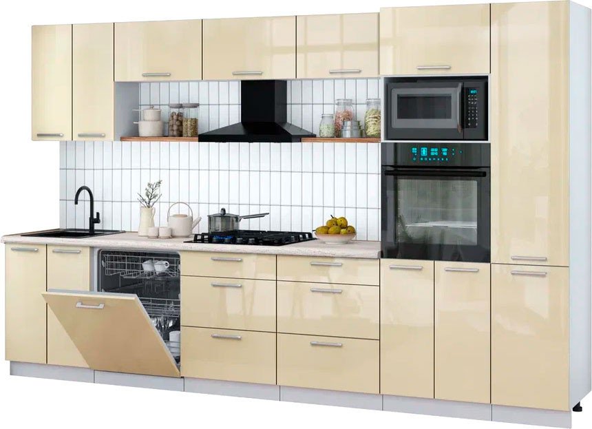 

Готовая кухня Интерлиния Мила Gloss 3.4-ПМ1 (ваниль глянец/ваниль глянец/травертин серый)