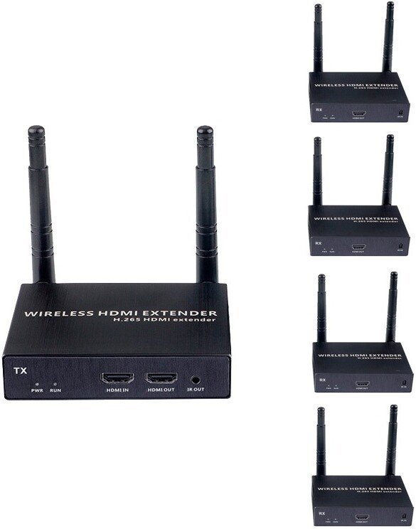 Удлинитель USBTOP HDMI по Wi-Fi до 200 метров, активный, FullHD 1080p, (комплект 1 передатчик + 4 приемника, черный)
