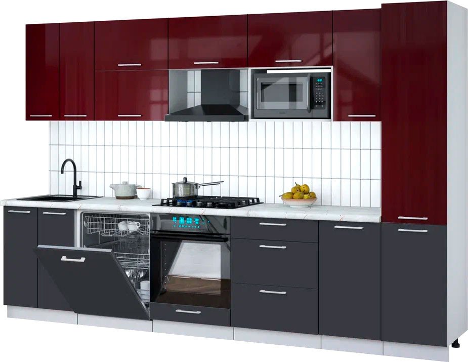 

Готовая кухня Интерлиния Мила Gloss 3.2-ПМ2 (пепел/бордовый глянец/серый каспий)