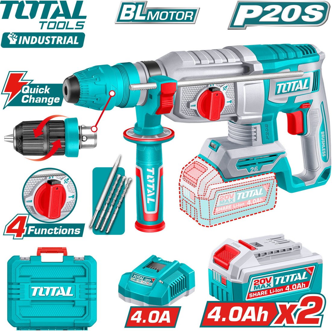 

Перфоратор Total TRHLI202689 (с 2-мя АКБ, кейс)