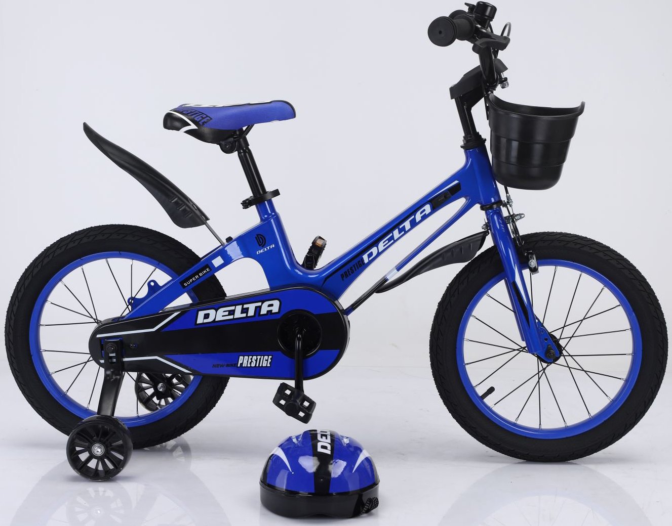 

Детский велосипед Delta Prestige 16 2023 (синий, спицы, шлем)
