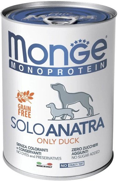 Консервированный корм для собак Monge Monoprotein паштет из утки, консервы 400 г
