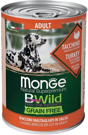 Консервированный корм для собак Monge BWild Grain Free с индейкой, тыквой и кабачками (400 г)